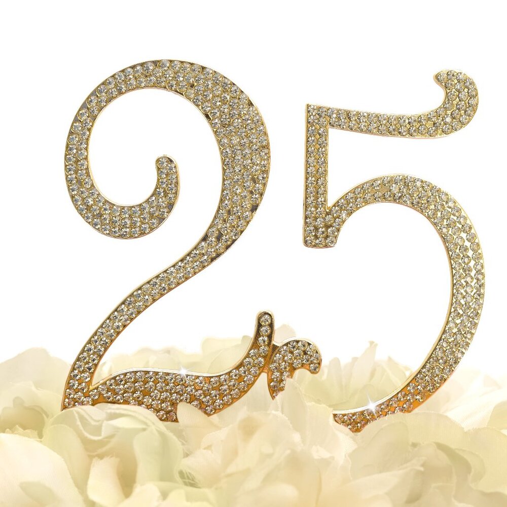 Rhinestone Cake Topper - Number 25- Gold Metal with Czech Rhinestone